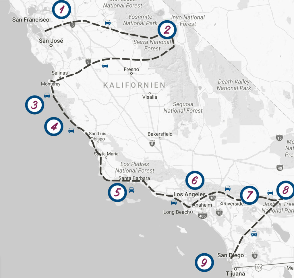 Map California, Itinerary, Roadtrip
