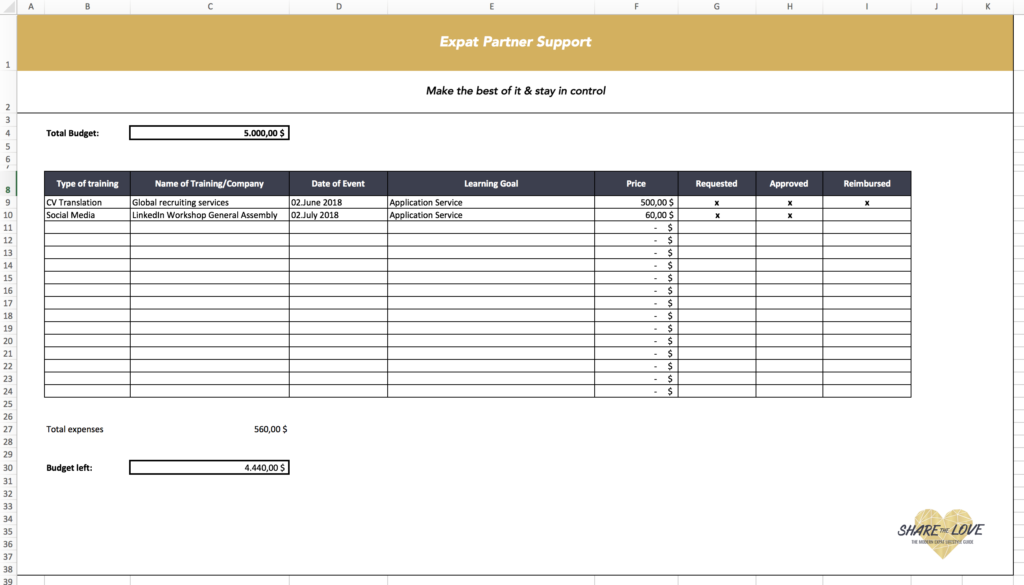 expat package, spousal assistance, expense tracking